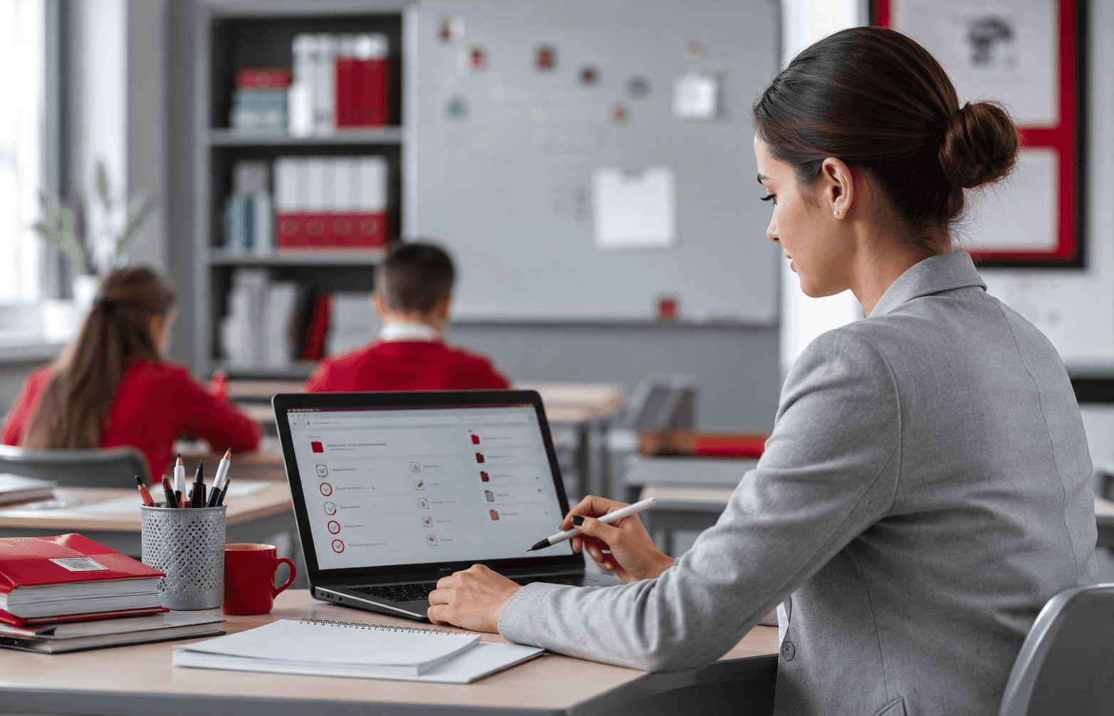 Teacher using attendance and assignment tools on a laptop in a classroom.