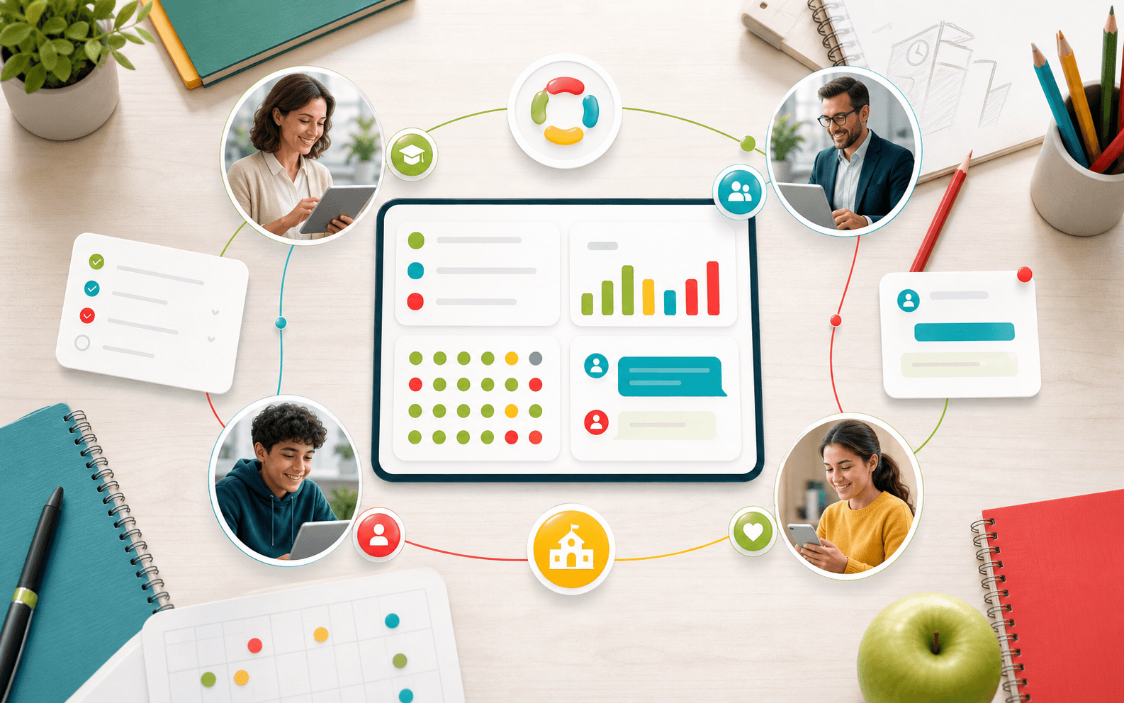A friendly school workspace showing assignments, attendance, messages, and connected school roles.