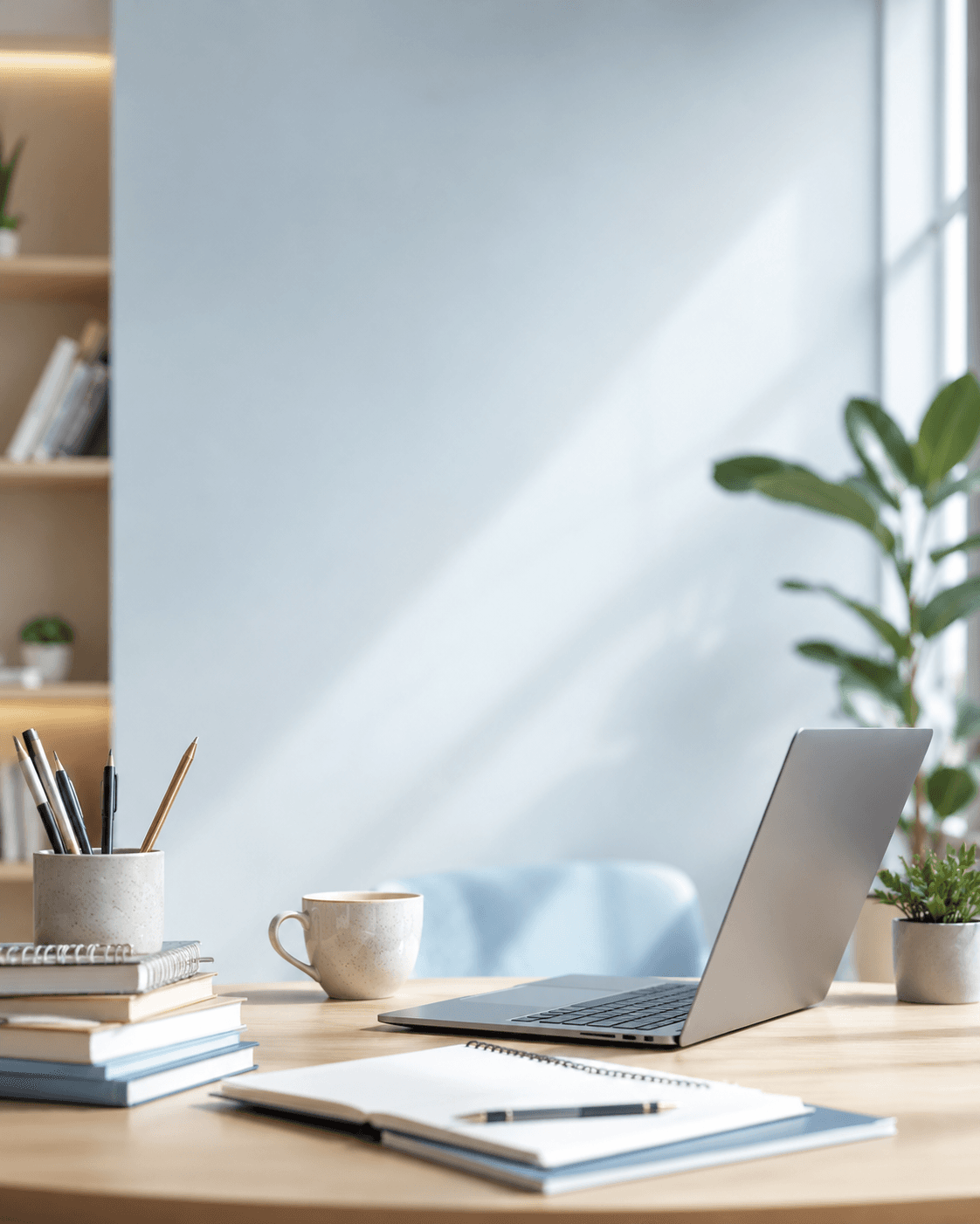 Clean study desk with a laptop, notebooks, plants, and soft classroom light.